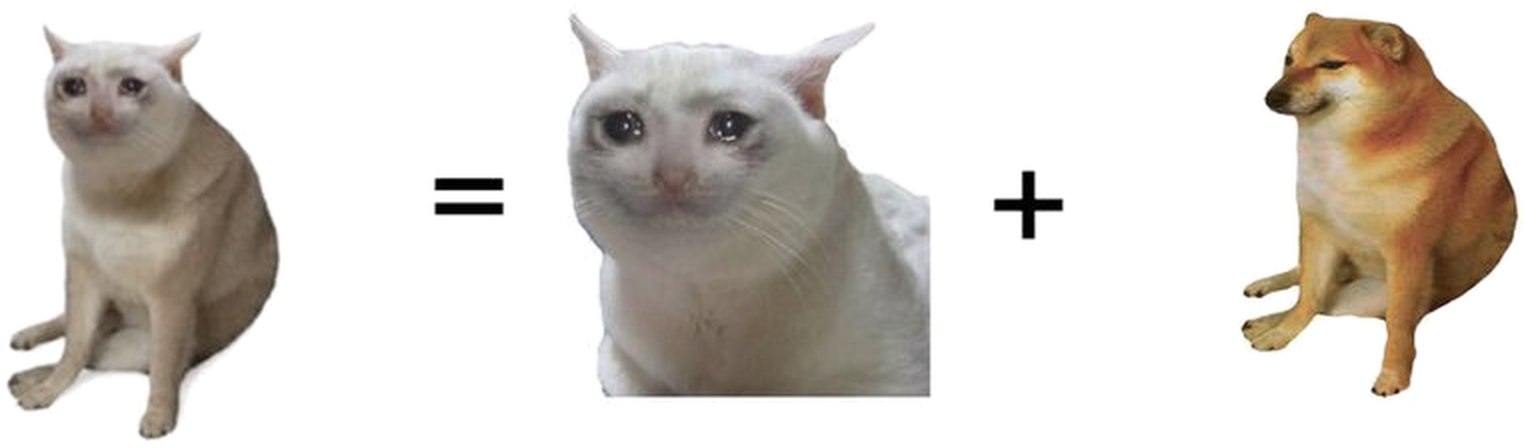 cash cat equals the crying cat face plus the cheems body